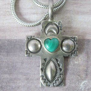 Ronnie Willie Navajo Sterling Silver Malachite heart Shaped Stone Cross Necklace